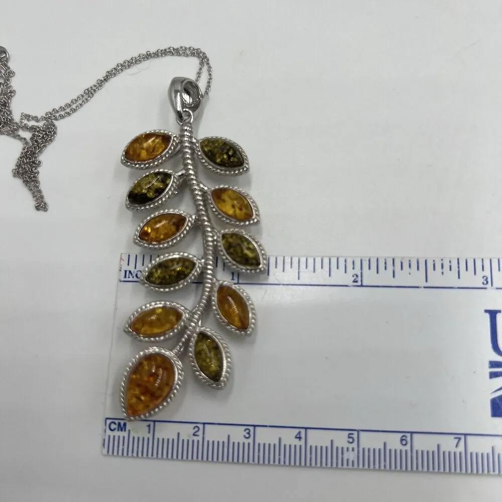 STERLING SILVER Amber Pendant Large Green & Orange Baltic Amber Leaf 18.4 Grams